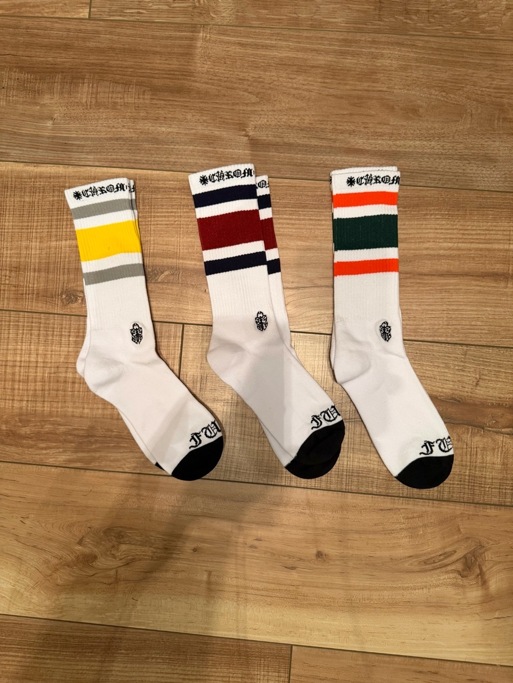 Chrome Hearts White Crew Socks with Yellow, Maroon & Green Stripe Sets